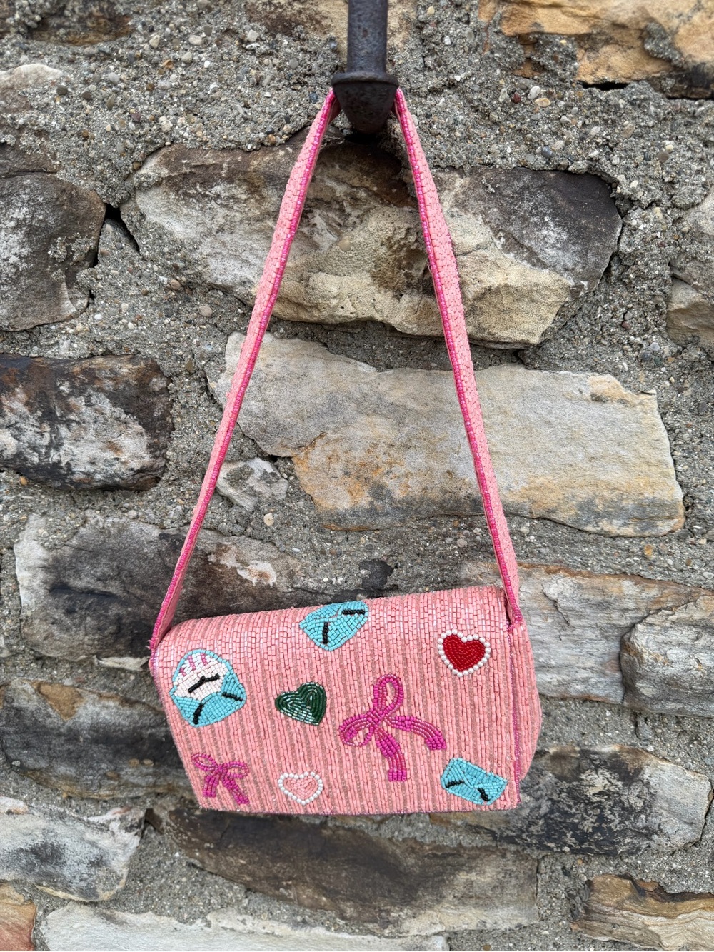 Pink Beaded Shoulder Bag with Heart & Bow VIRAL